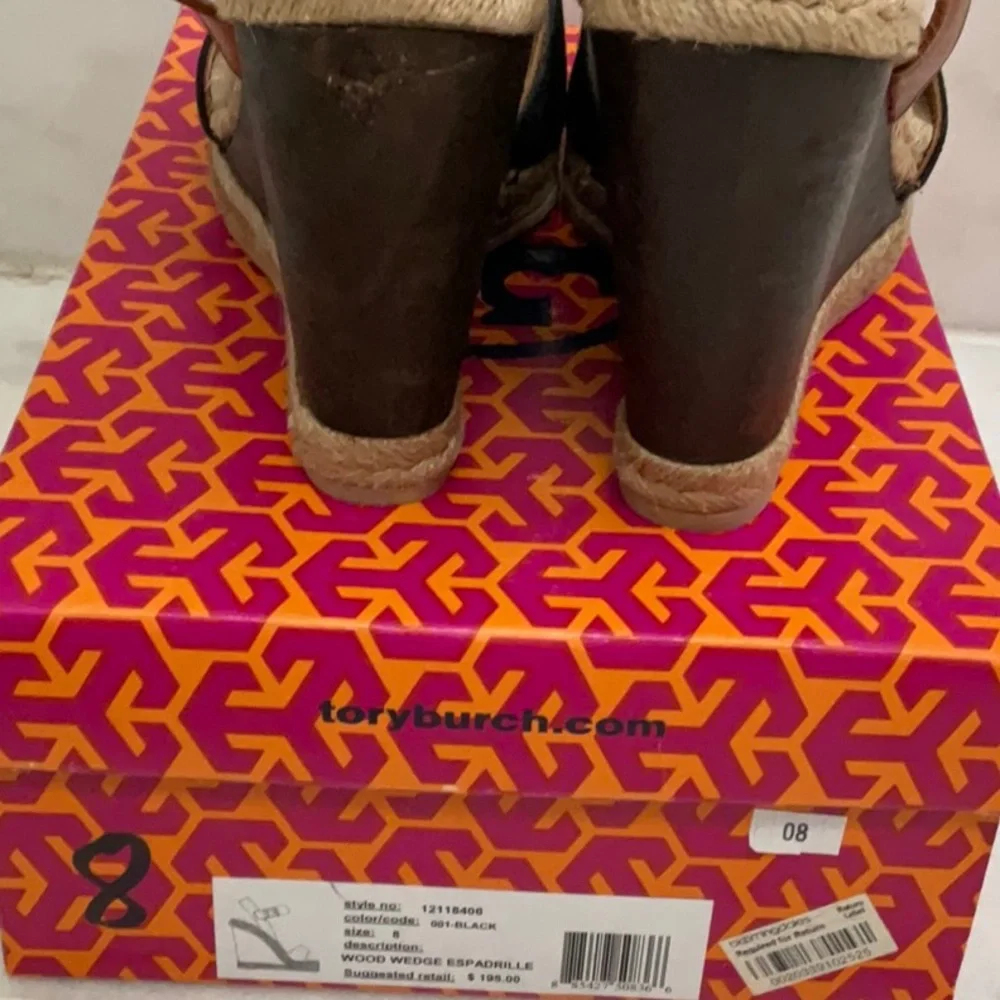Tory Burch Black and Brown Espadrille Wedge Sandals 8 NIB